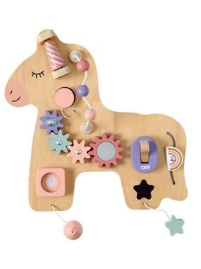 Wooden Unicorn Busy Board Sensory Toy - Tan & Pastel from Aldi Little Town